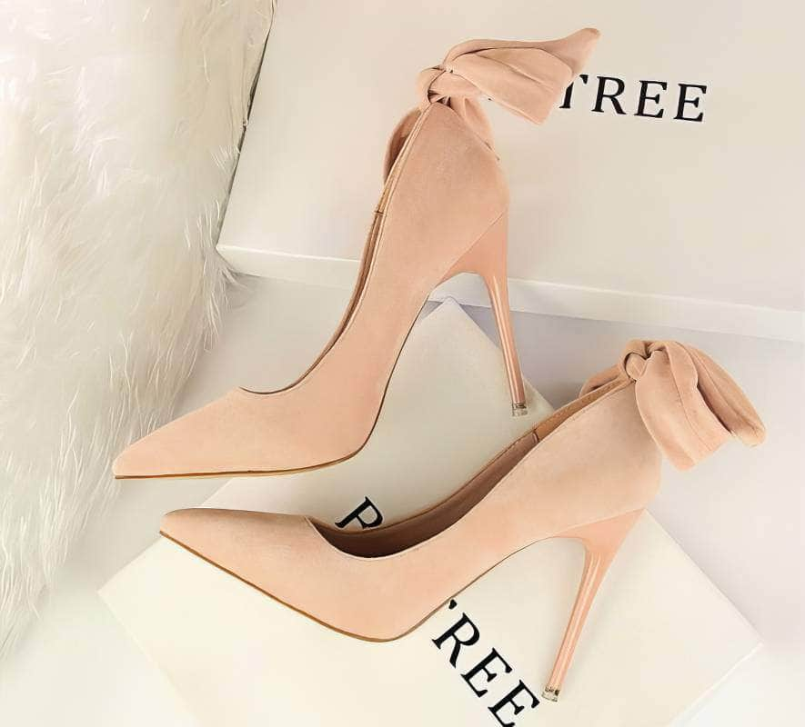 Suede Pointy Toe Bow Knot Detail Court Heels