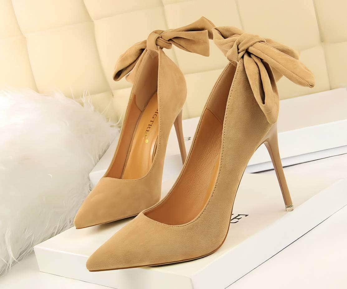 Suede Pointy Toe Bow Knot Detail Court Heels