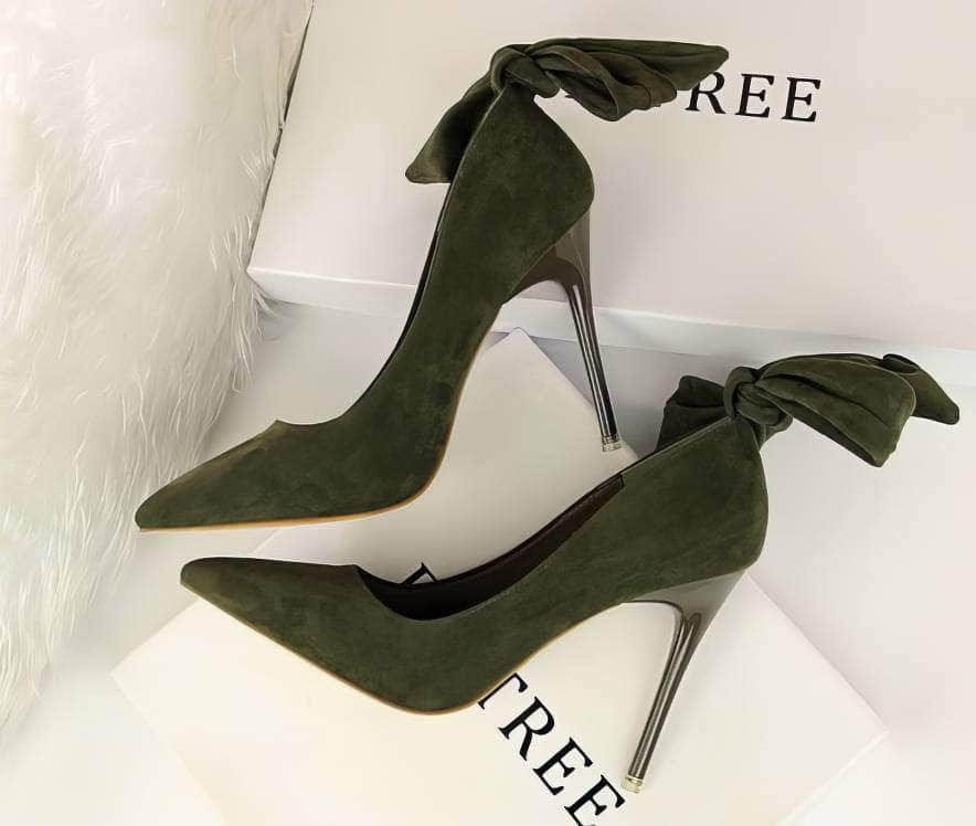 Suede Pointy Toe Bow Knot Detail Court Heels