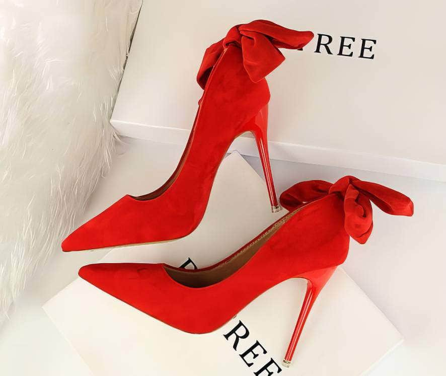 Suede Pointy Toe Bow Knot Detail Court Heels