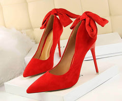 Suede Pointy Toe Bow Knot Detail Court Heels