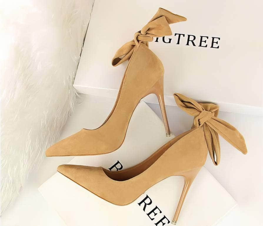 Suede Pointy Toe Bow Knot Detail Court Heels