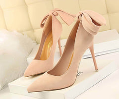 Suede Pointy Toe Bow Knot Detail Court Heels