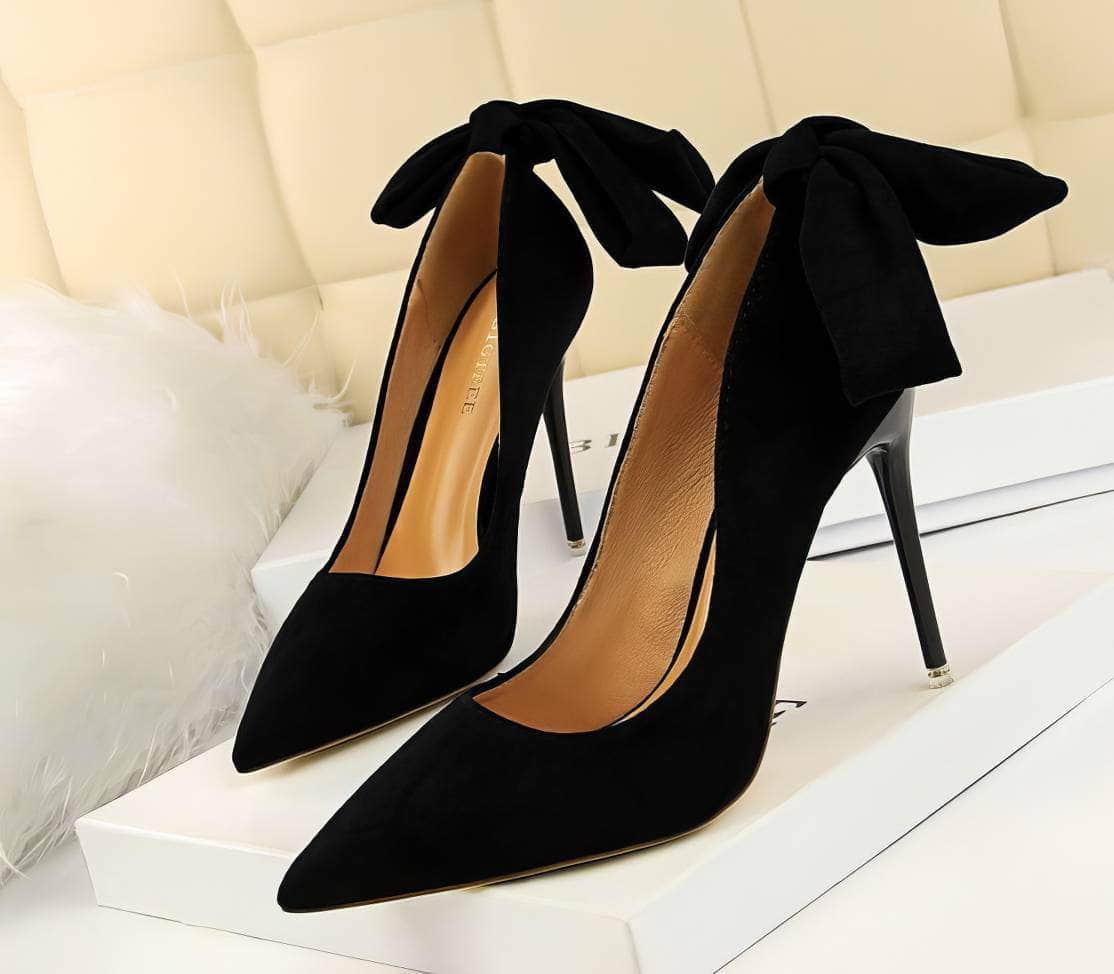 Suede Pointy Toe Bow Knot Detail Court Heels