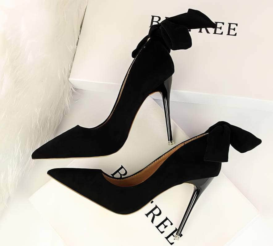 Suede Pointy Toe Bow Knot Detail Court Heels