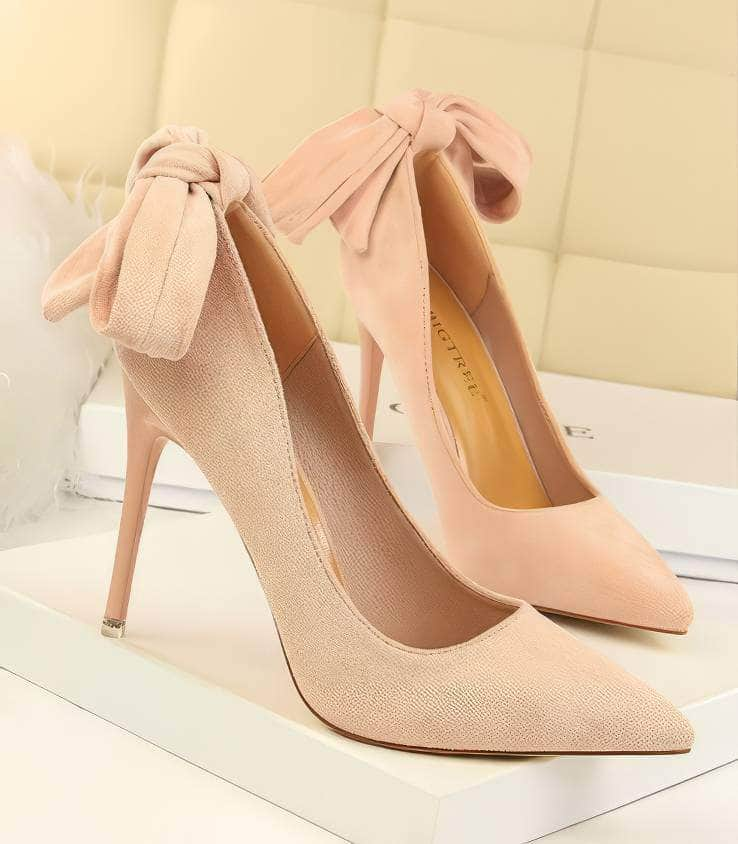 Suede Pointy Toe Bow Knot Detail Court Heels