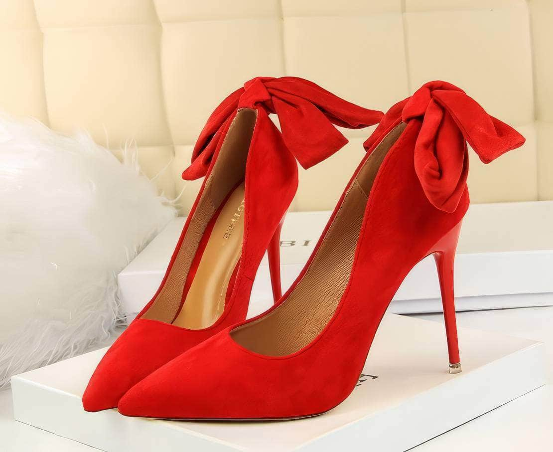 Suede Pointy Toe Bow Knot Detail Court Heels