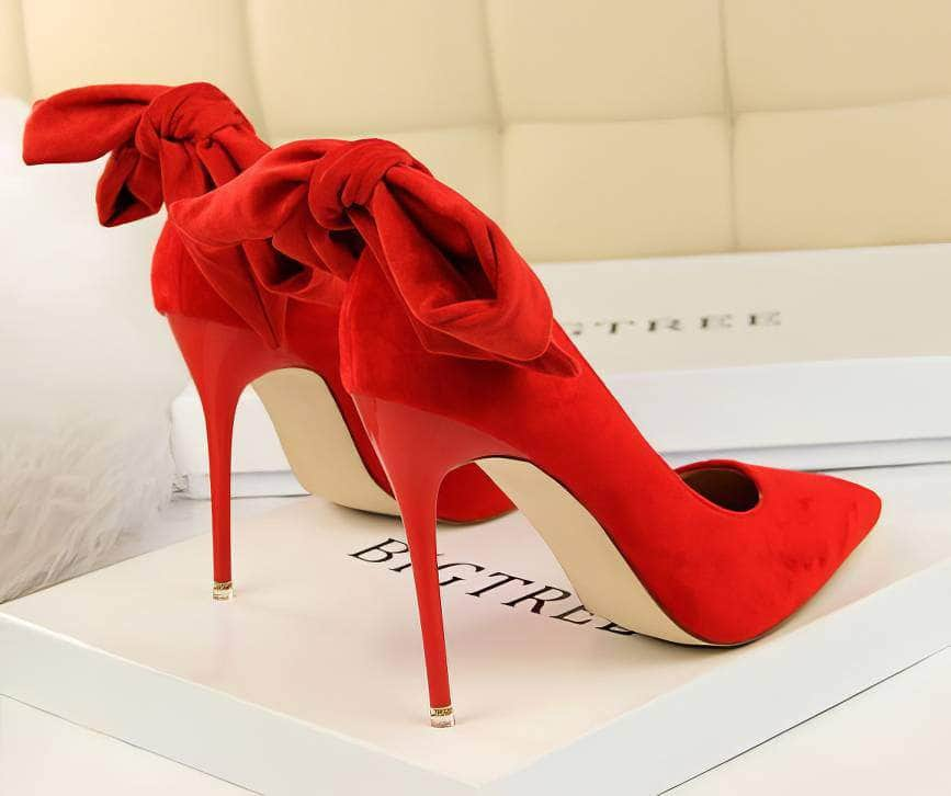 Suede Pointy Toe Bow Knot Detail Court Heels