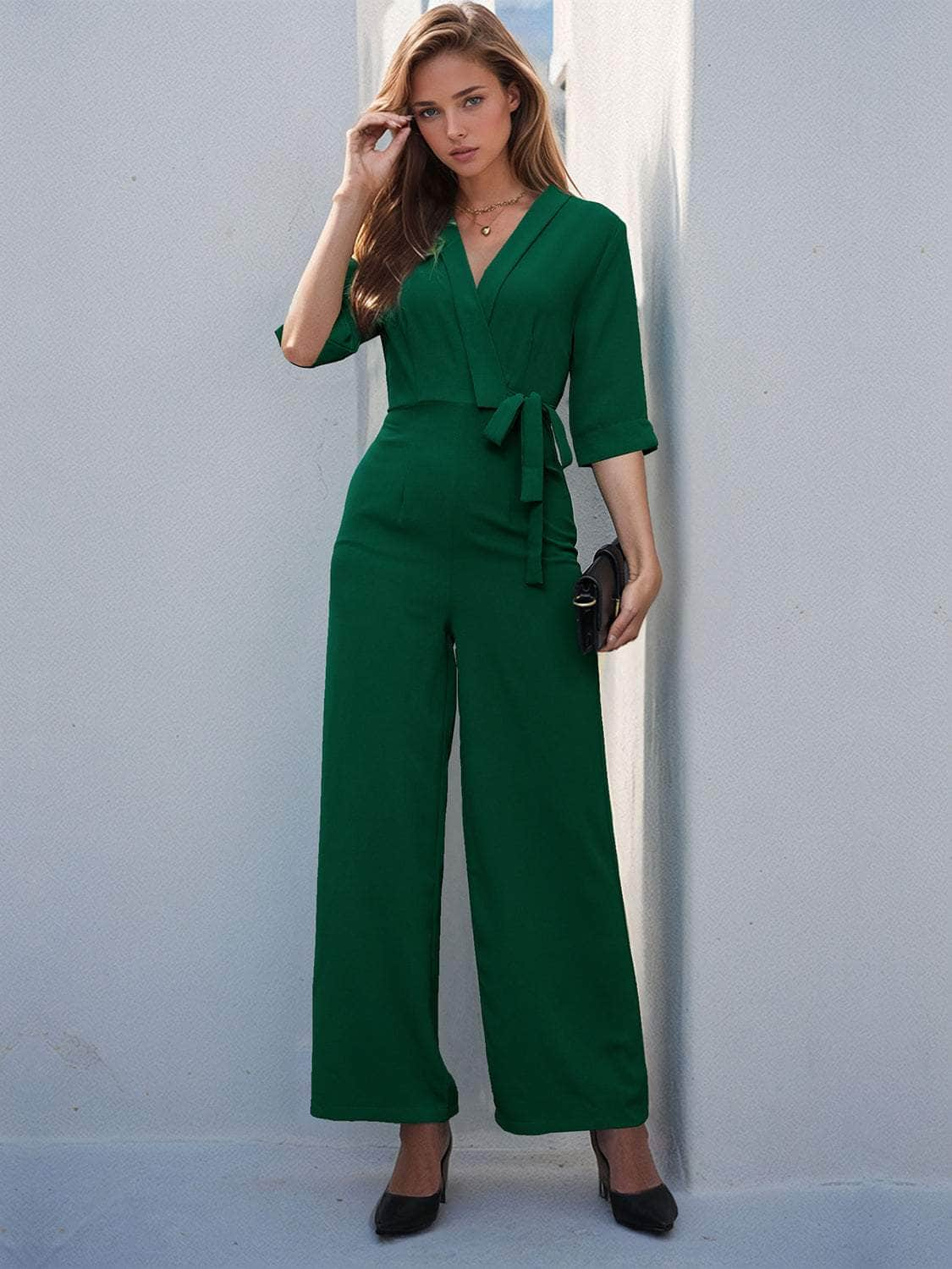 Surplice Half Sleeve Wide Leg Jumpsuit Dark Green / S