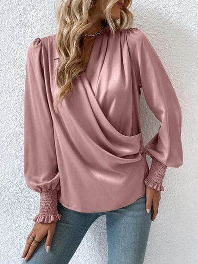 Surplice Smocked Lantern Sleeve Blouse Light Mauve / S