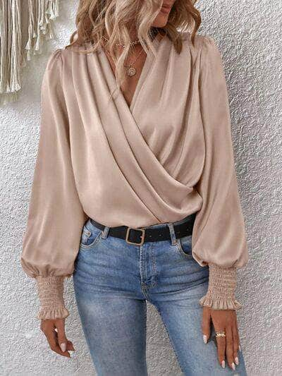 Surplice Smocked Lantern Sleeve Blouse Tan / S