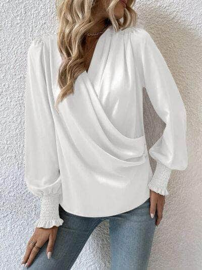 Surplice Smocked Lantern Sleeve Blouse White / S