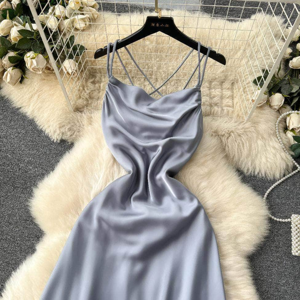 Suspender Draped Satin Backless Mermaid Dress