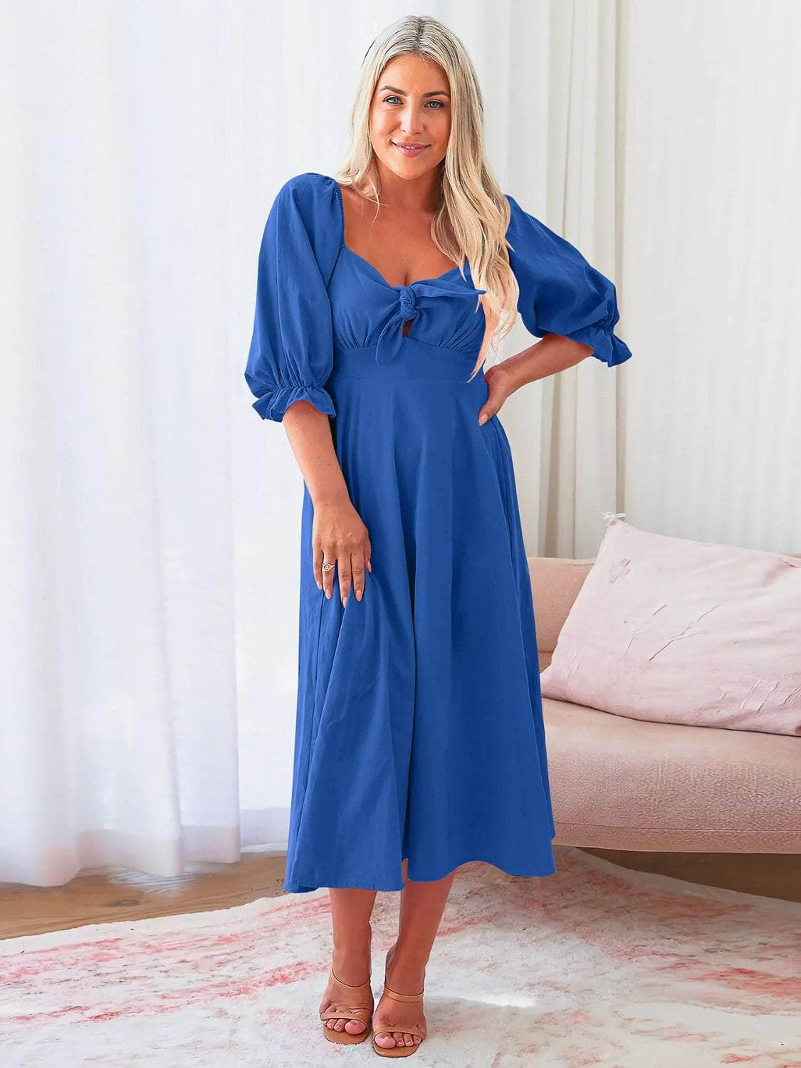 Sweetheart Neck Flounce Sleeve Midi Dress Royal Blue / S