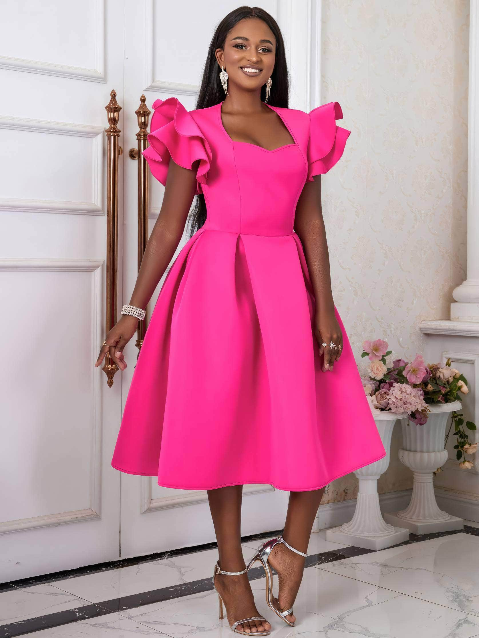 Sweetheart Neck Ruffle Sleeves Pleated A-Line Dress