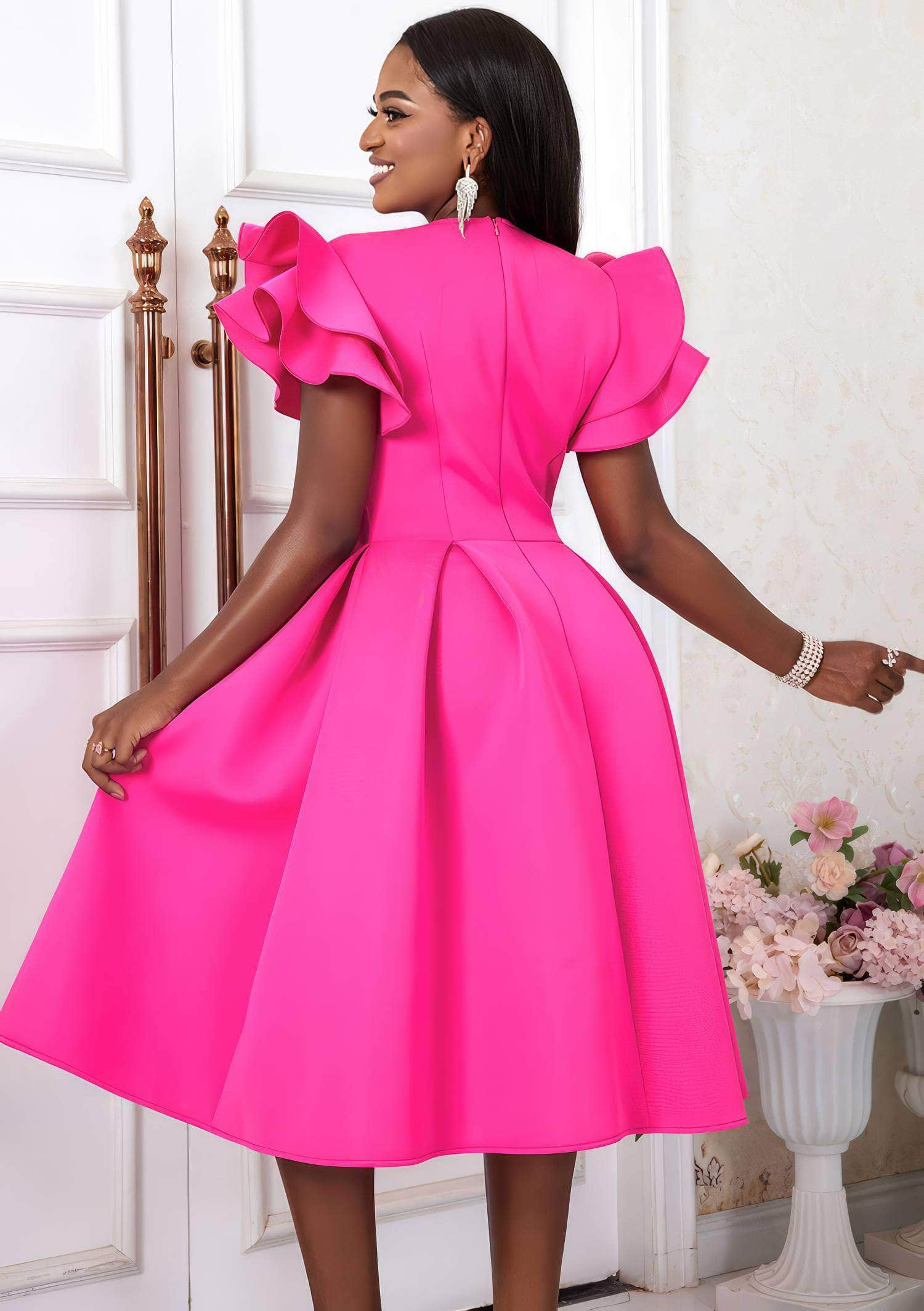 Sweetheart Neck Ruffle Sleeves Pleated A-Line Dress