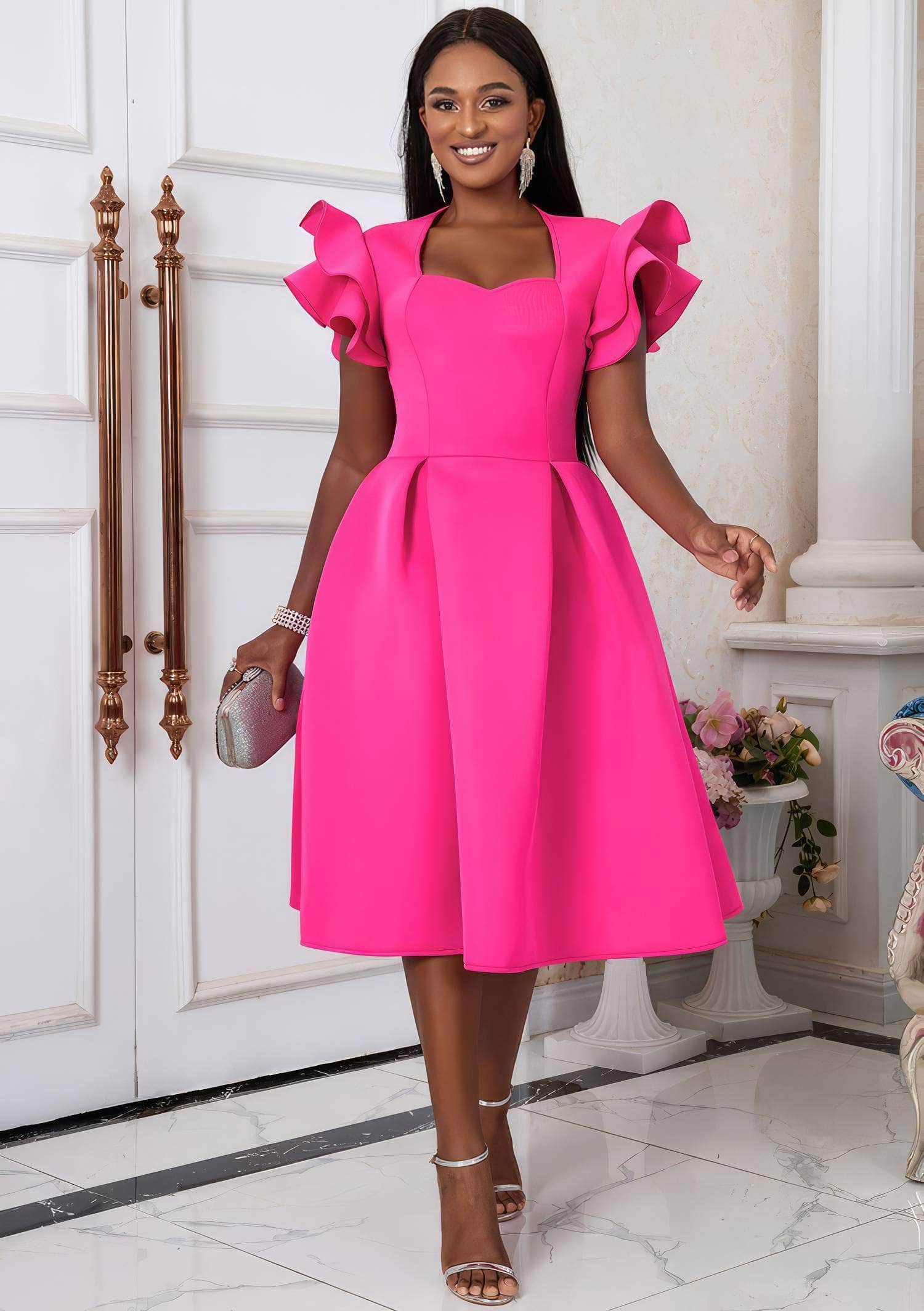 Sweetheart Neck Ruffle Sleeves Pleated A-Line Dress