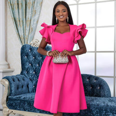 Sweetheart Neck Ruffle Sleeves Pleated A-Line Dress