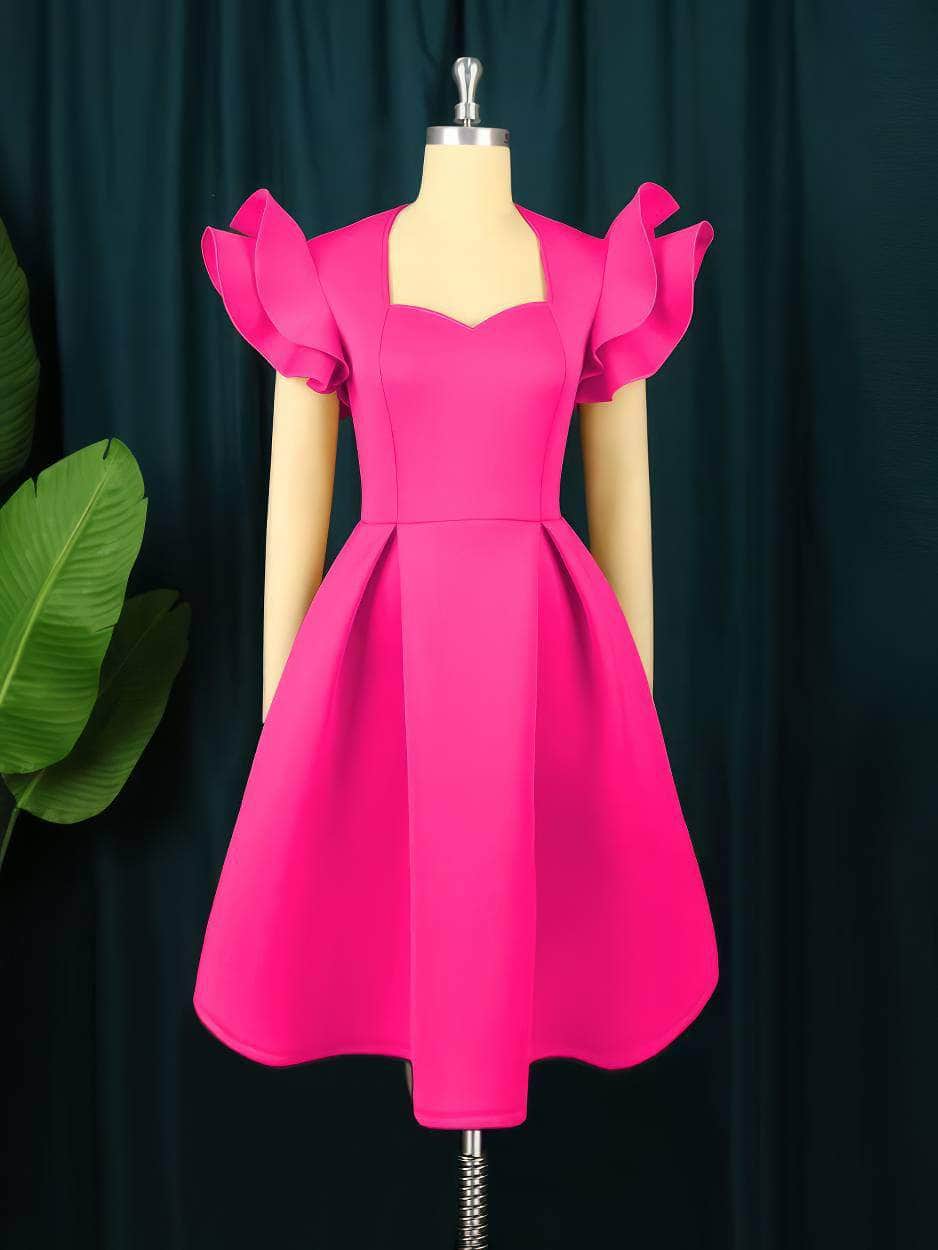 Sweetheart Neck Ruffle Sleeves Pleated A-Line Dress