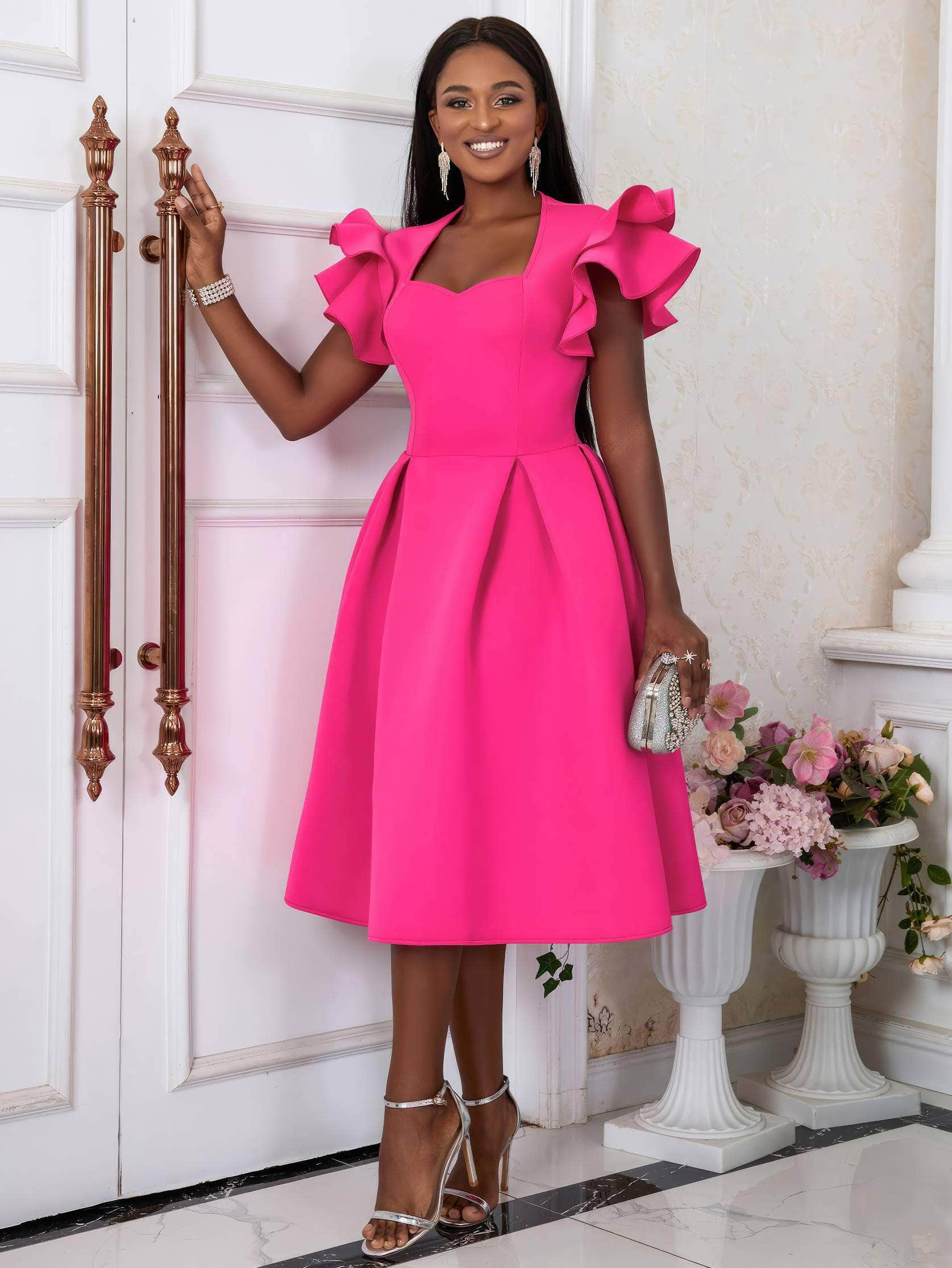 Sweetheart Neck Ruffle Sleeves Pleated A-Line Dress