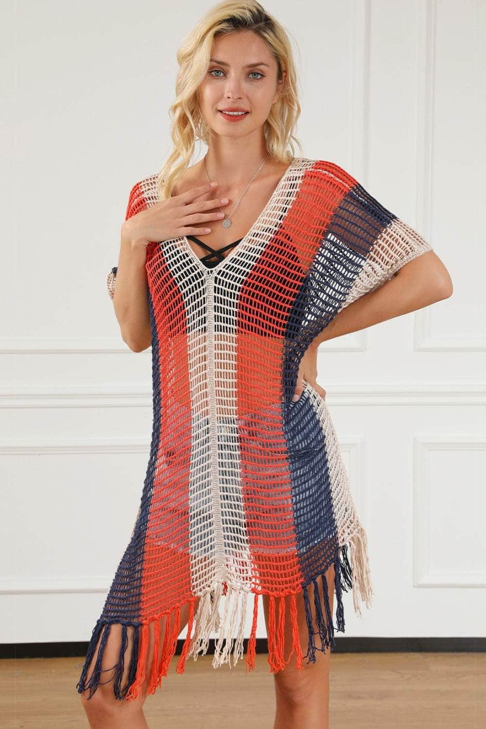 Tassel Color Block V-Neck Cover Up Multicolor / S