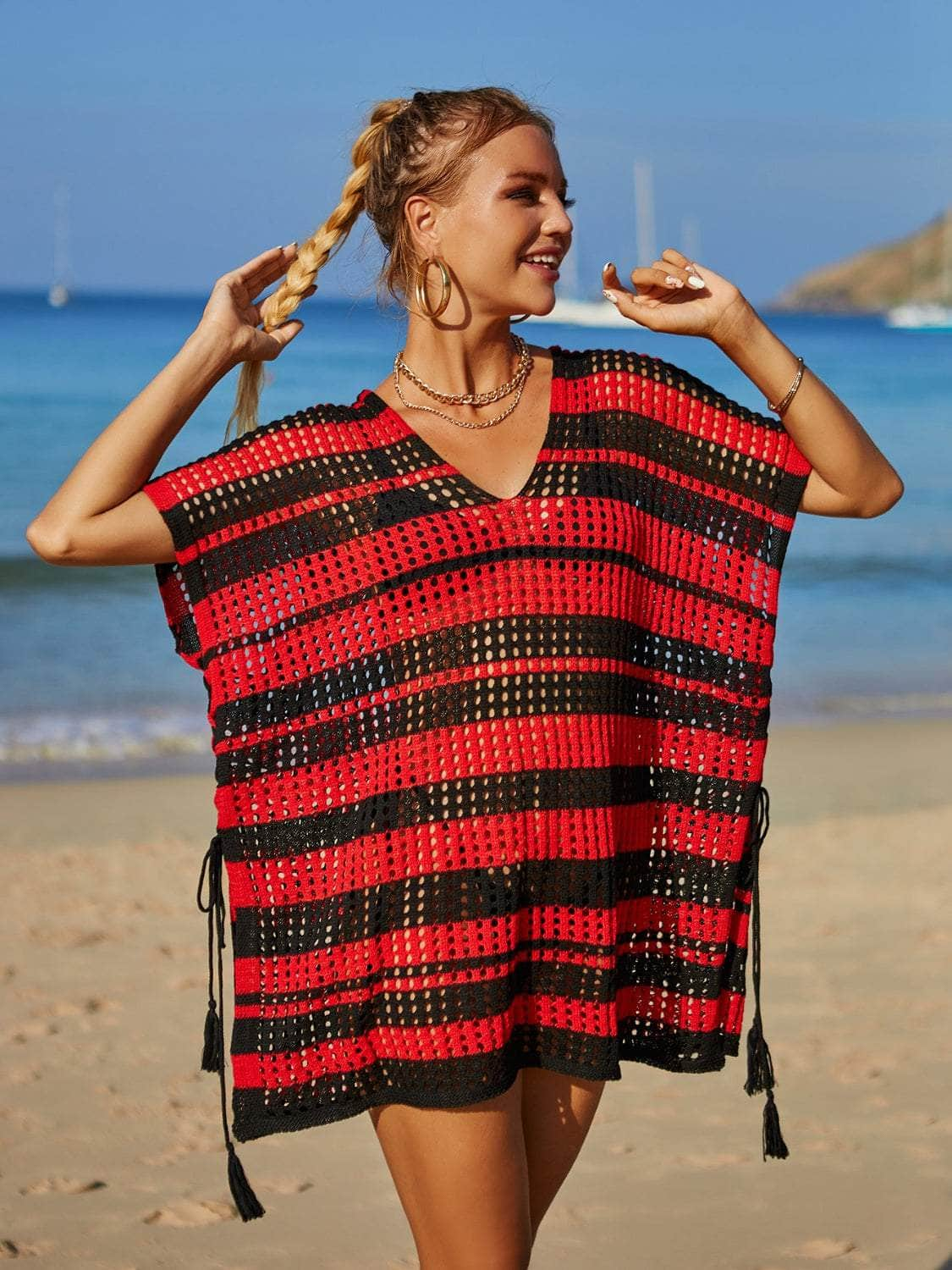 Tassel Openwork Striped V-Neck Cover Up Black / One Size