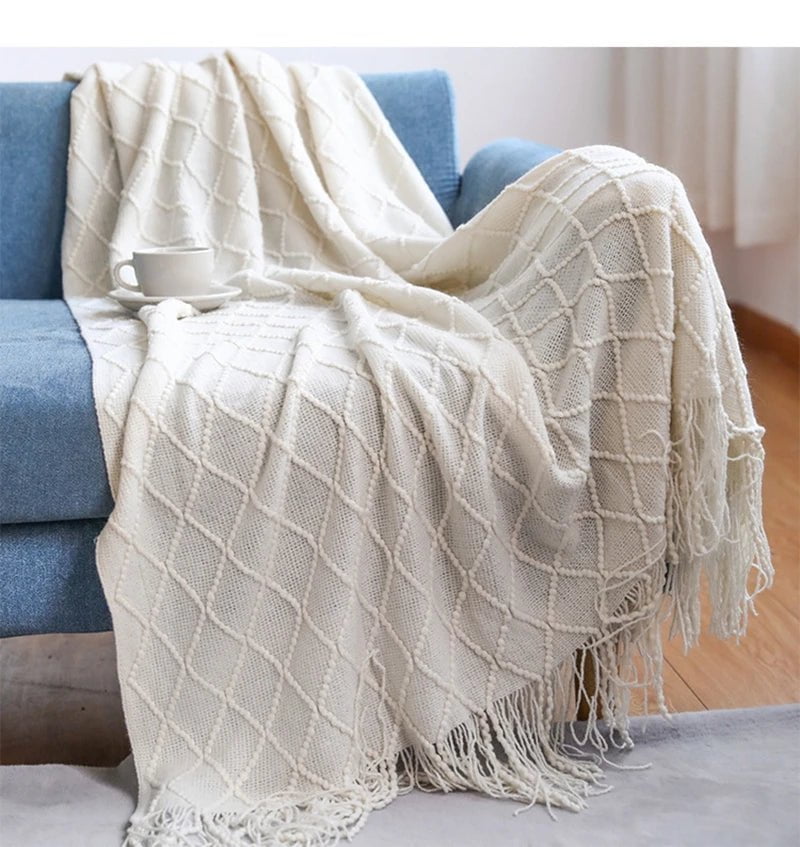Tasseled Textured Knit Throw Blanket: Cozy, Decorative Woven Boho Blanket for Sofa, Bed, and Chair