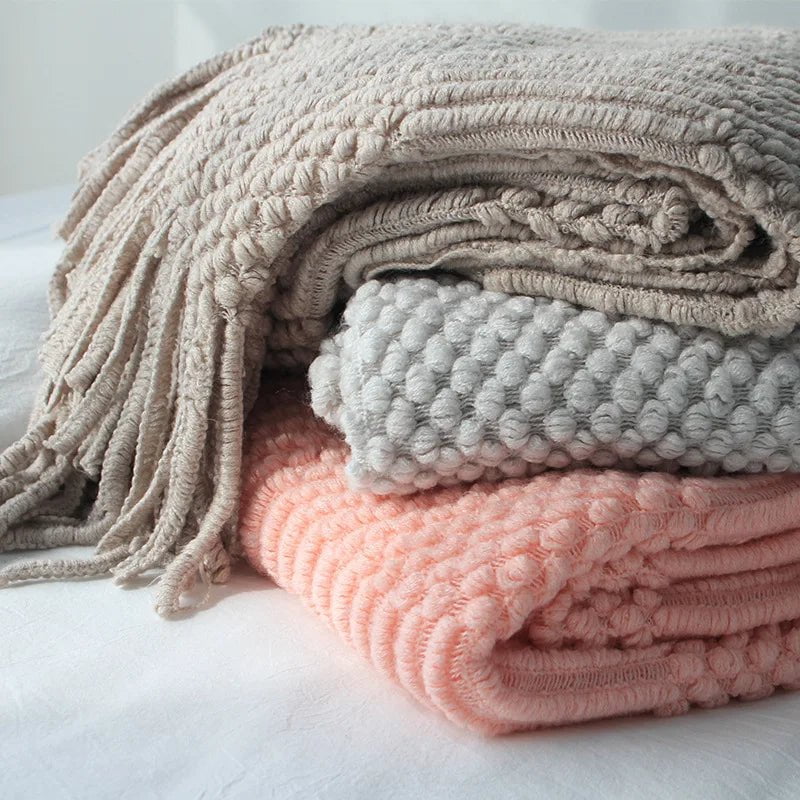 Tasseled Textured Knit Throw Blanket: Cozy, Decorative Woven Boho Blanket for Sofa, Bed, and Chair