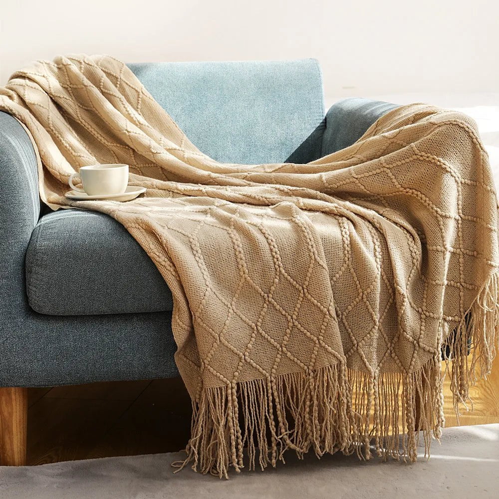 Tasseled Textured Knit Throw Blanket: Cozy, Decorative Woven Boho Blanket for Sofa, Bed, and Chair CL khaki / 127x180cm