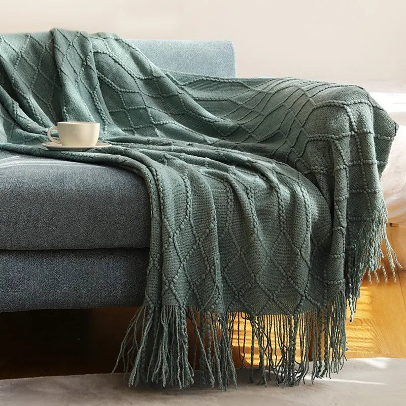 Tasseled Textured Knit Throw Blanket: Cozy, Decorative Woven Boho Blanket for Sofa, Bed, and Chair CL lake green / 127x180cm