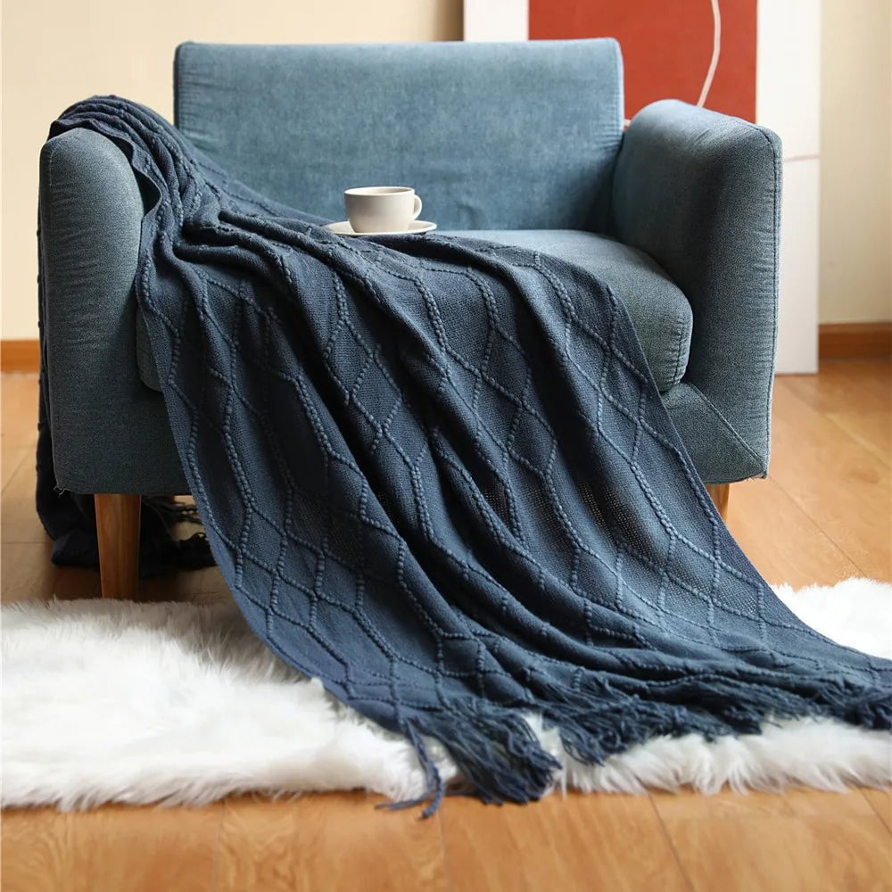 Tasseled Textured Knit Throw Blanket: Cozy, Decorative Woven Boho Blanket for Sofa, Bed, and Chair CL navy / 127x180cm