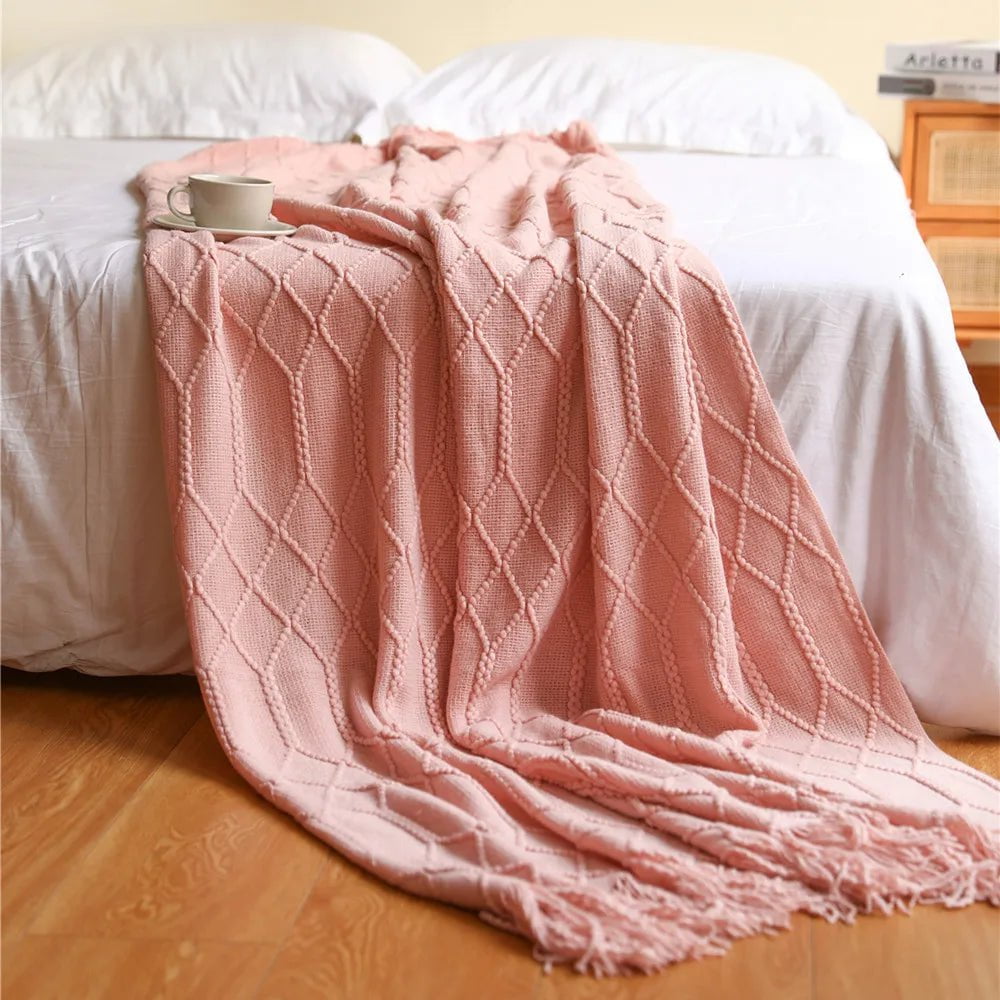 Tasseled Textured Knit Throw Blanket: Cozy, Decorative Woven Boho Blanket for Sofa, Bed, and Chair CL pink / 127x180cm