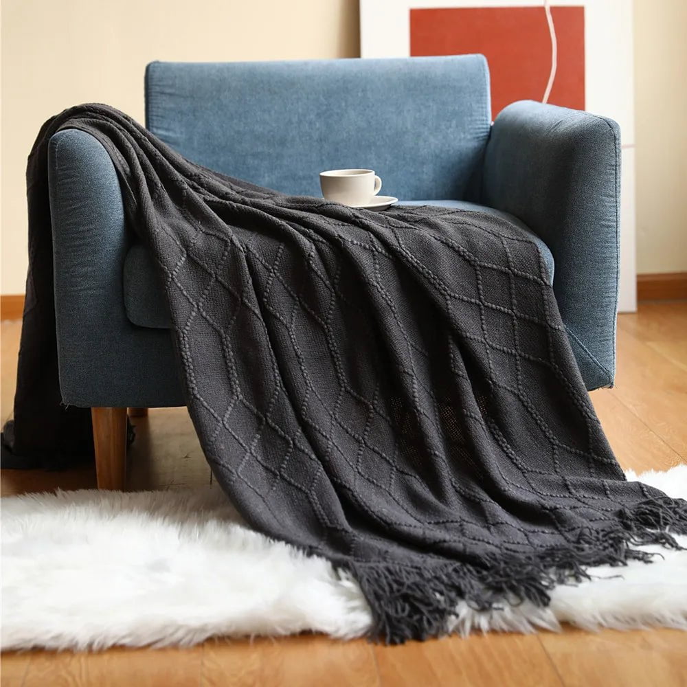 Tasseled Textured Knit Throw Blanket: Cozy, Decorative Woven Boho Blanket for Sofa, Bed, and Chair CL smoky grey / 127x180cm