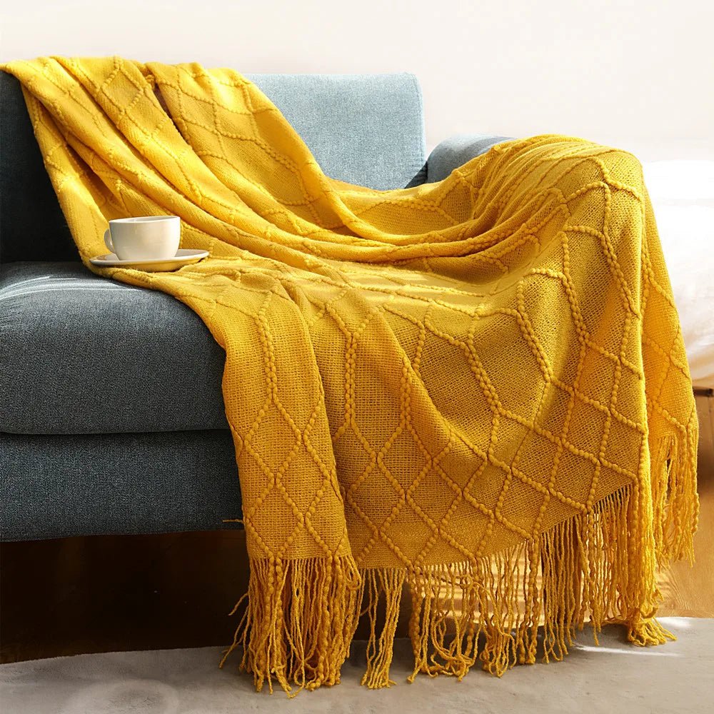 Tasseled Textured Knit Throw Blanket: Cozy, Decorative Woven Boho Blanket for Sofa, Bed, and Chair CL yellow / 127x180cm