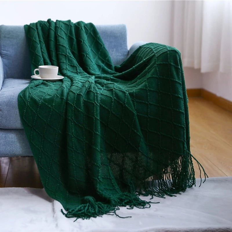 Tasseled Textured Knit Throw Blanket: Cozy, Decorative Woven Boho Blanket for Sofa, Bed, and Chair diamond dark green / 127x180cm
