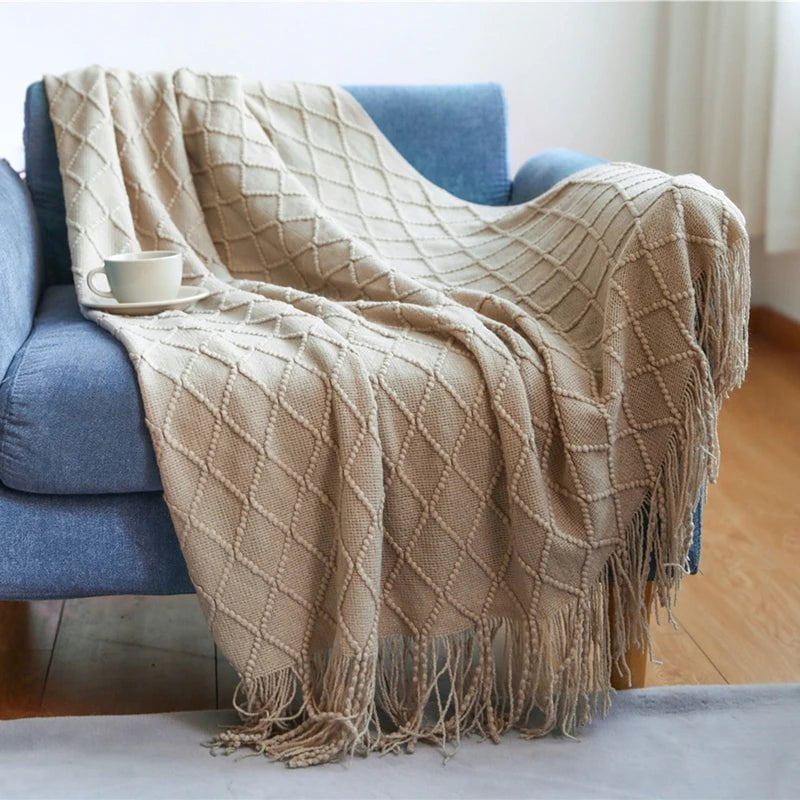 Tasseled Textured Knit Throw Blanket: Cozy, Decorative Woven Boho Blanket for Sofa, Bed, and Chair diamond khaki / 127x180cm