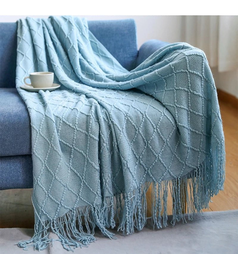 Tasseled Textured Knit Throw Blanket: Cozy, Decorative Woven Boho Blanket for Sofa, Bed, and Chair diamond light blue / 127x180cm