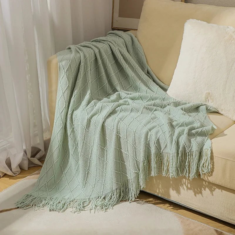 Tasseled Textured Knit Throw Blanket: Cozy, Decorative Woven Boho Blanket for Sofa, Bed, and Chair diamond light green / 127x180cm
