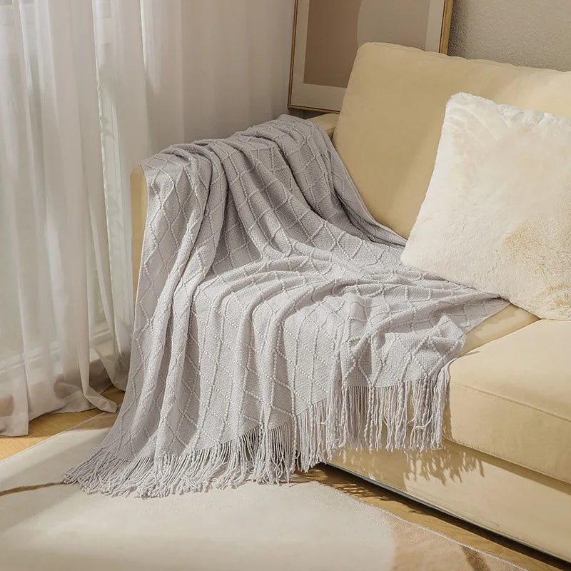 Tasseled Textured Knit Throw Blanket: Cozy, Decorative Woven Boho Blanket for Sofa, Bed, and Chair diamond light grey / 127x180cm