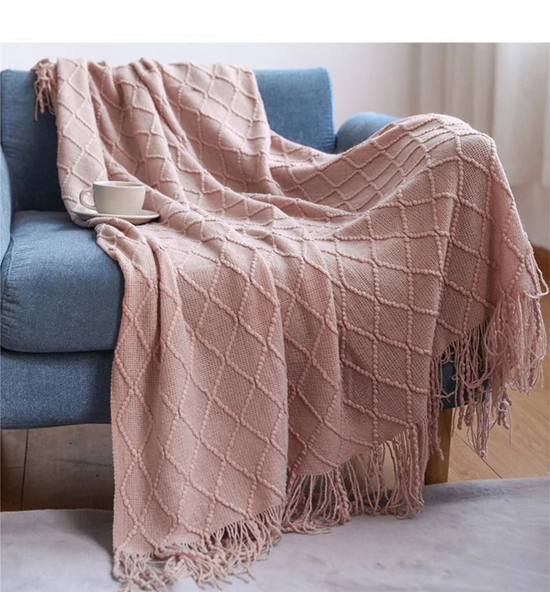 Tasseled Textured Knit Throw Blanket: Cozy, Decorative Woven Boho Blanket for Sofa, Bed, and Chair diamond pink / 127x180cm
