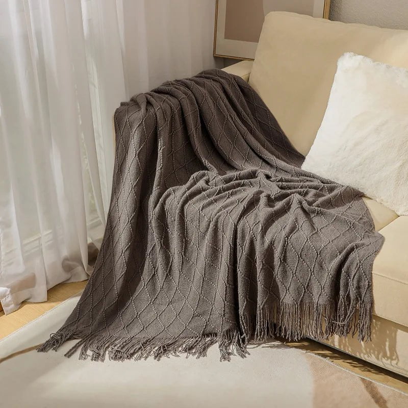 Tasseled Textured Knit Throw Blanket: Cozy, Decorative Woven Boho Blanket for Sofa, Bed, and Chair diamond smoky grey / 127x180cm