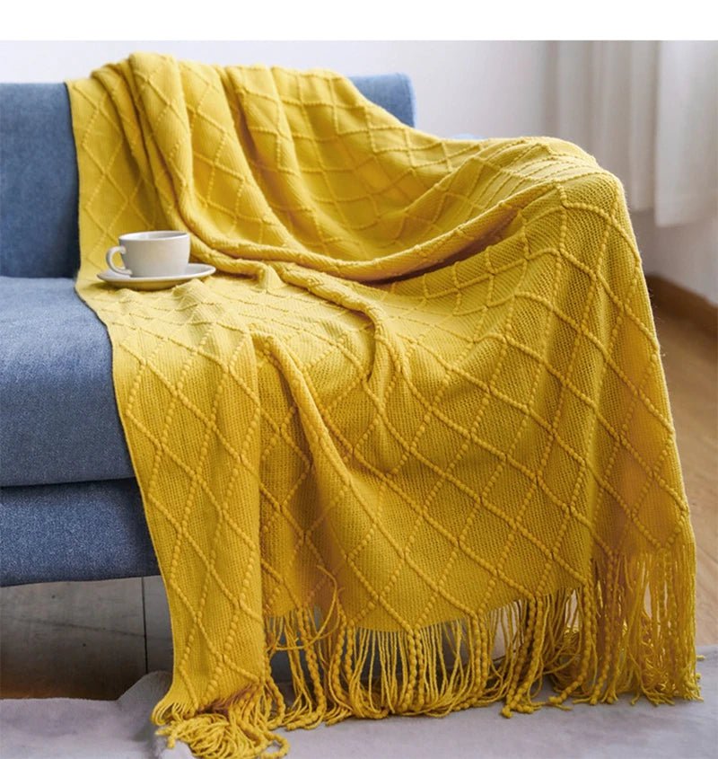 Tasseled Textured Knit Throw Blanket: Cozy, Decorative Woven Boho Blanket for Sofa, Bed, and Chair diamond yellow / 127x180cm