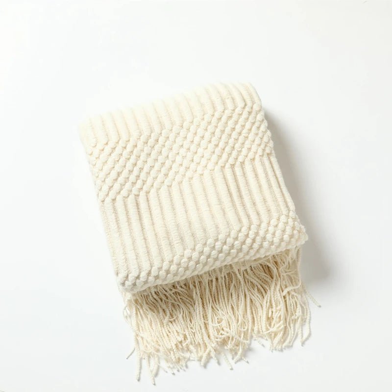 Tasseled Textured Knit Throw Blanket: Cozy, Decorative Woven Boho Blanket for Sofa, Bed, and Chair DX cream / 127x180cm