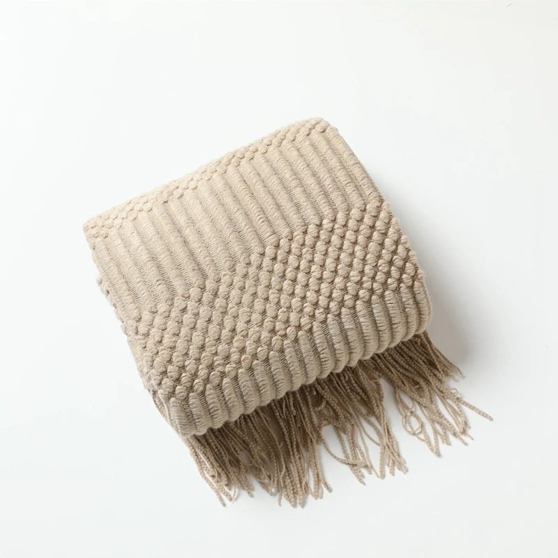 Tasseled Textured Knit Throw Blanket: Cozy, Decorative Woven Boho Blanket for Sofa, Bed, and Chair DX khaki / 127x180cm
