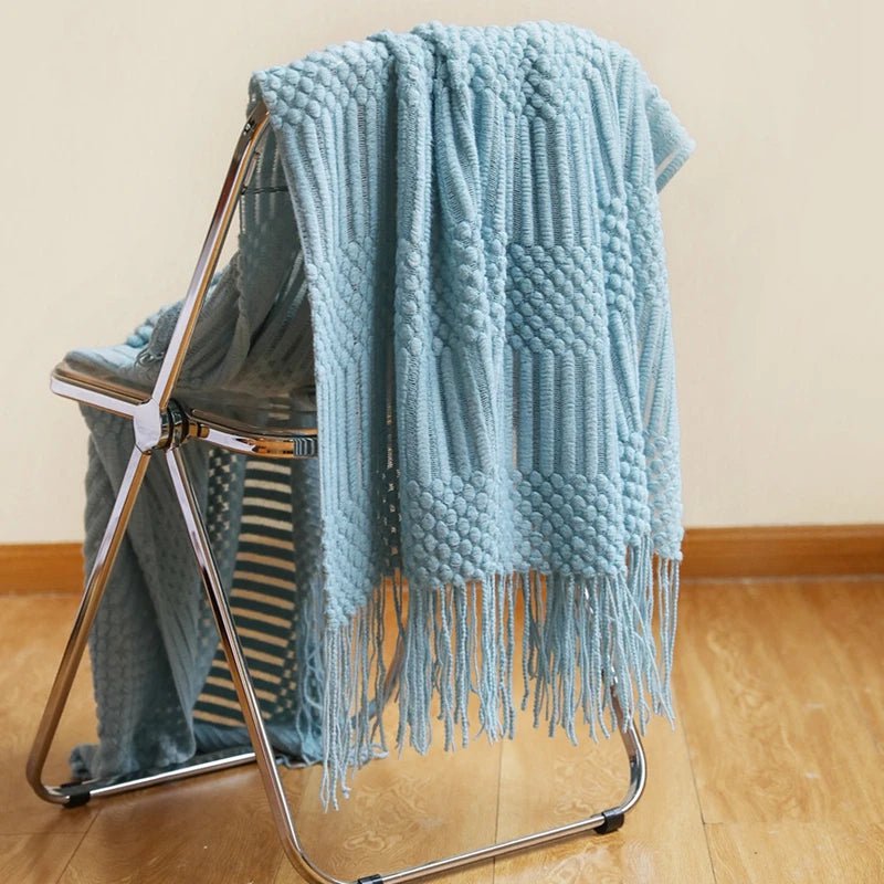 Tasseled Textured Knit Throw Blanket: Cozy, Decorative Woven Boho Blanket for Sofa, Bed, and Chair DX light blue / 127x180cm