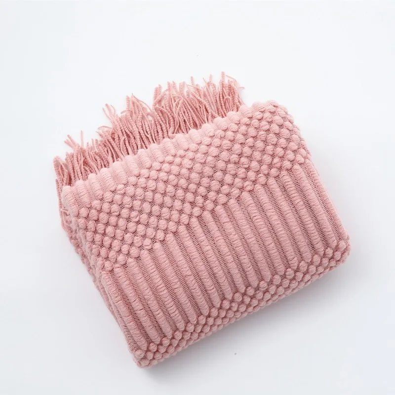Tasseled Textured Knit Throw Blanket: Cozy, Decorative Woven Boho Blanket for Sofa, Bed, and Chair DX pink / 127x180cm