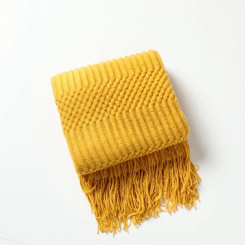 Tasseled Textured Knit Throw Blanket: Cozy, Decorative Woven Boho Blanket for Sofa, Bed, and Chair DX yellow / 127x180cm