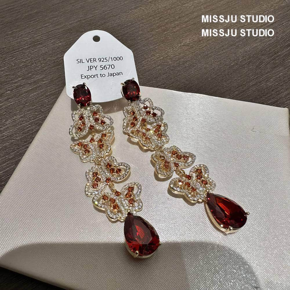 Teardrop Butterfly Crystals Studded Statement Earrings Red