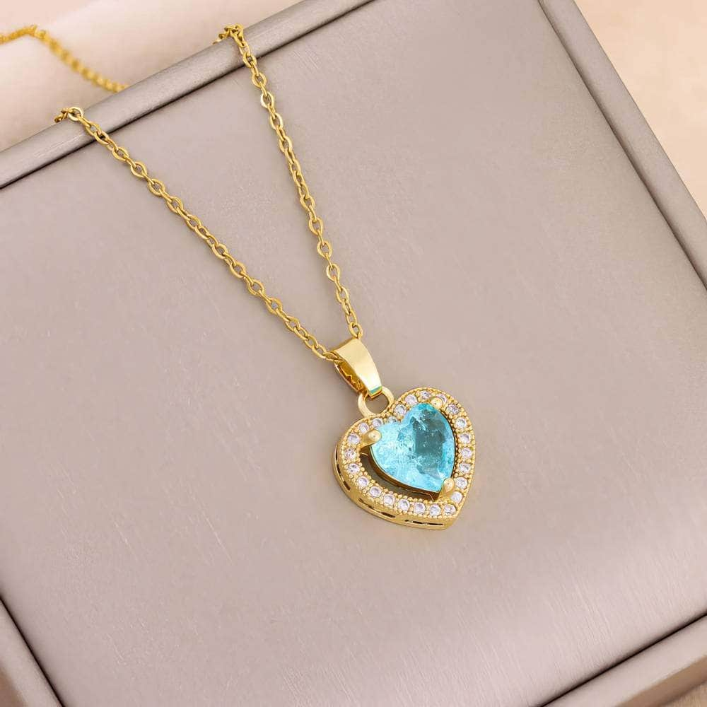 Temperament Sweet Ice Flower Crystal Heart Pendant Necklaces - Trendy Neck Chain for Women 8038 blue