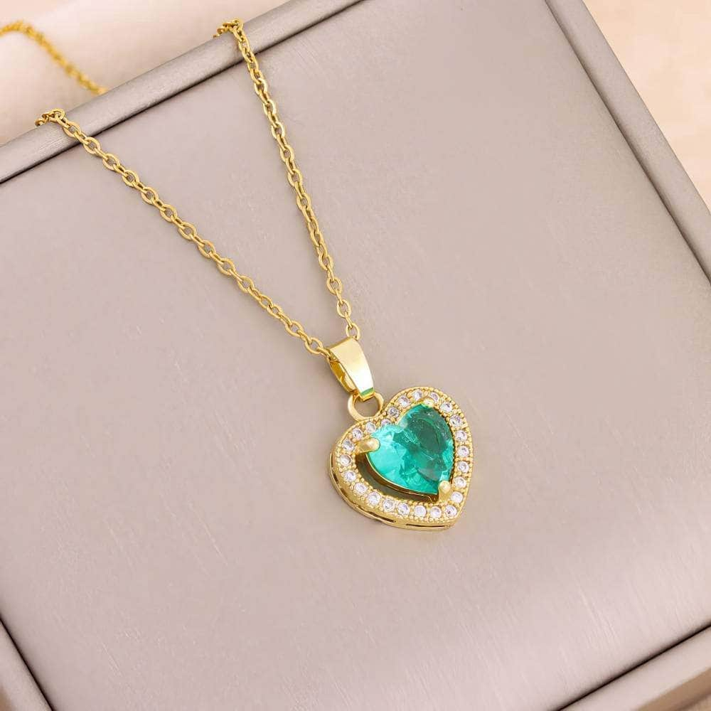 Temperament Sweet Ice Flower Crystal Heart Pendant Necklaces - Trendy Neck Chain for Women 8038 green